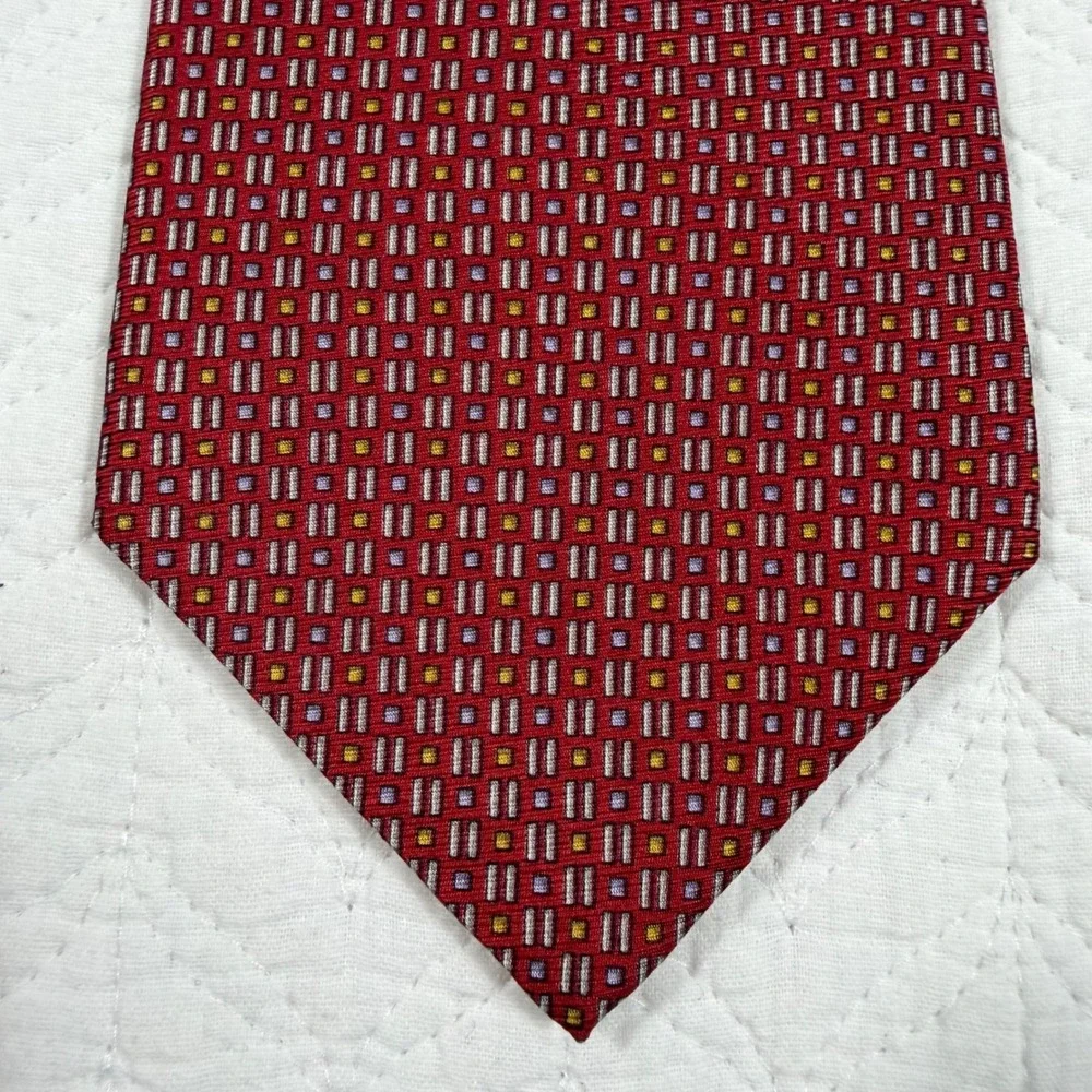 Dion Signature Necktie Men‎ Red Geometric Italian Silk Handcrafted EUC